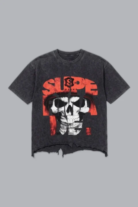 The washed skull-graphic tee laid flat on a plain gray background.
