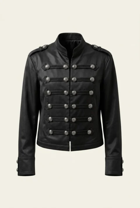 The leather jacket on an invisible mannequin against a cream background.