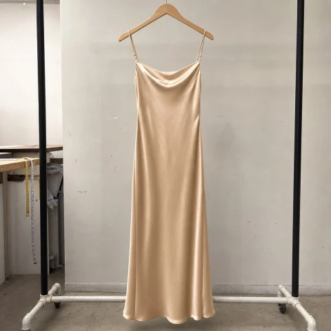 A champagne satin slip dress on a hanger against a factory wall, photographed at inspection.