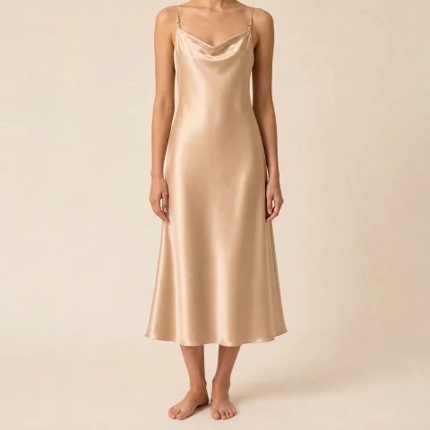 A champagne satin slip dress on an AI model against a plain studio backdrop.