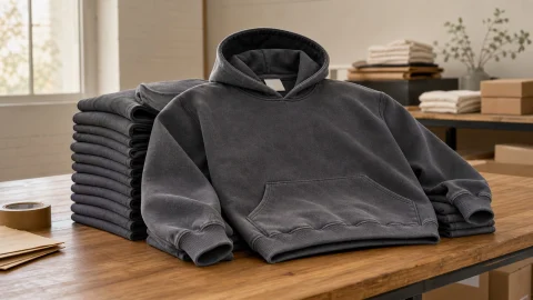 A washed charcoal hoodie on a workbench in front of a folded stack of the same style.
