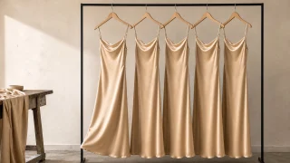Champagne satin slip dresses hanging on a black rail.