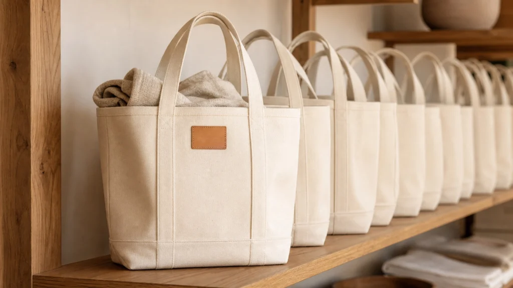 A row of natural canvas totes with tan leather patches on an oak shelf.