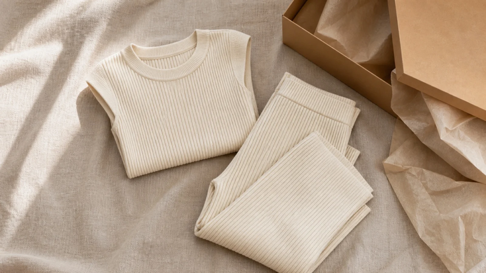 The cream ribbed knit top and trousers folded on linen beside an open kraft gift box lined with tissue paper.