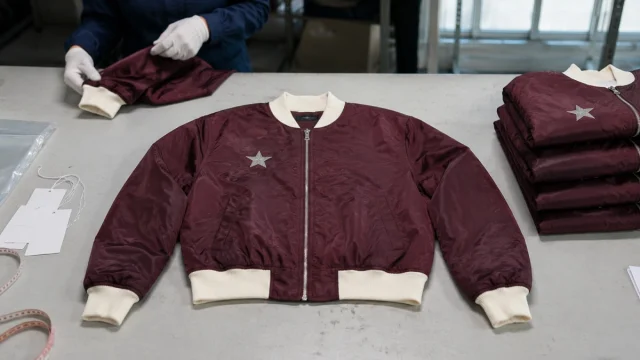 A finished burgundy bomber jacket laid flat on an inspection table beside a folded stack of the same jacket, with a gloved worker handling another behind it.