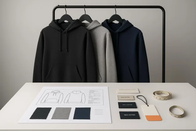 Black, gray and navy hoodies on a rail above a table with a hoodie sketch, fabric swatches and labels.