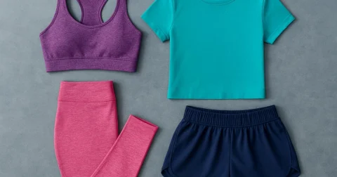 A sports bra, leggings, a training tee and shorts.