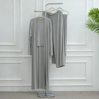 A gray loungewear set with a long cardigan and wide-leg pants.