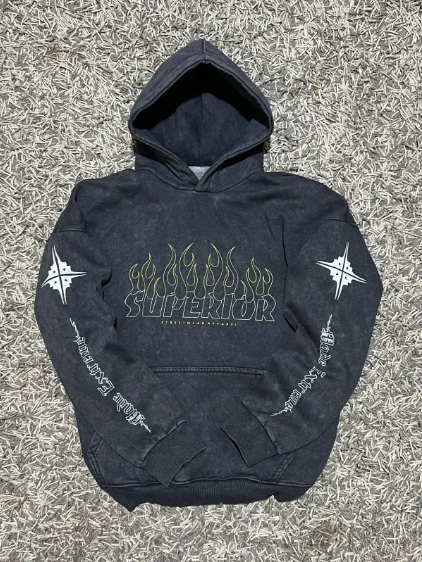 A hooded sweatshirt laid out as a product reference.