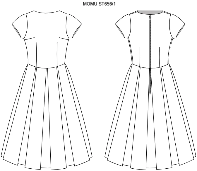 Front and back technical drawing of a short-sleeved dress with a pleated skirt.
