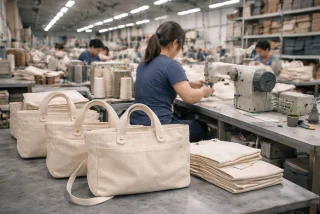 Canvas tote bags on a sewing-factory table.