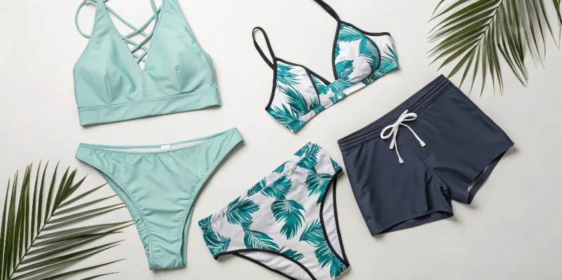 Bikinis and swim shorts laid flat beside palm leaves.