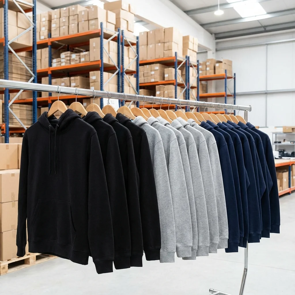Heavyweight hoodies on a rack in a warehouse, with export cartons on the shelves behind.