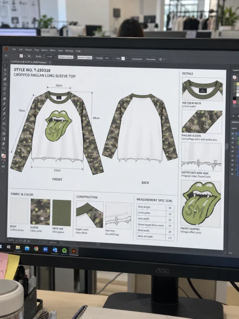 A tech sheet on a computer screen: front and back drawings of the top, detail boxes, fabric swatches and a measurement table.