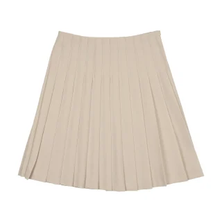 A beige pleated skirt.