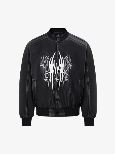 A black bomber jacket with white embroidery across the front and a ribbed hem.
