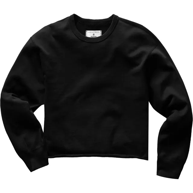 A black boxy crewneck sweatshirt with a wide body and a cropped length.