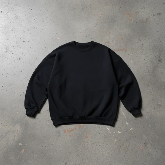 A black crewneck sweatshirt laid flat on a concrete floor.