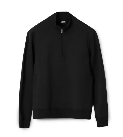 A black half-zip sweatshirt with a long chest zip.