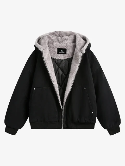 A black hooded jacket shown open, with a grey pile hood and a diamond-quilted lining.