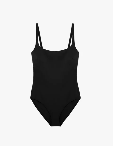 A black one-piece swimsuit with a straight neckline and thin straps on a white background.