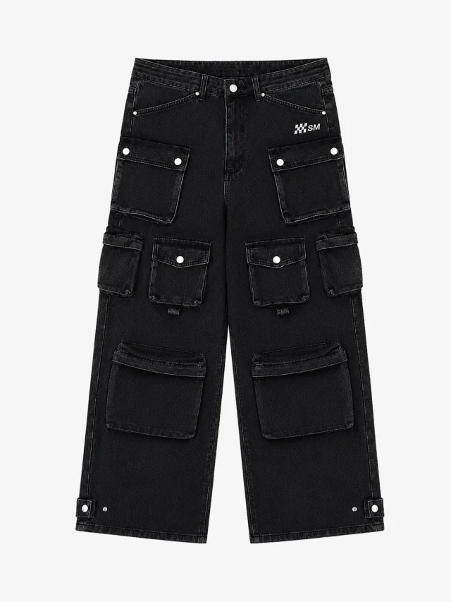 Black wide-leg denim cargo jeans with flap pockets down both legs.