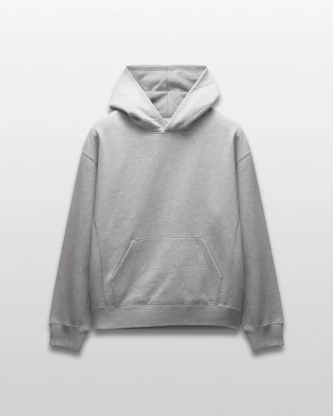 Brushed fleece hoodie with a fuller sweatshirt shape.