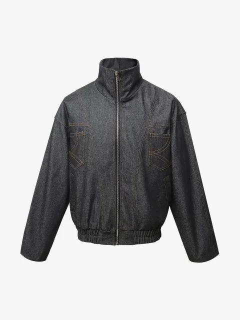 A charcoal cropped work jacket with a stand collar and a zip front.