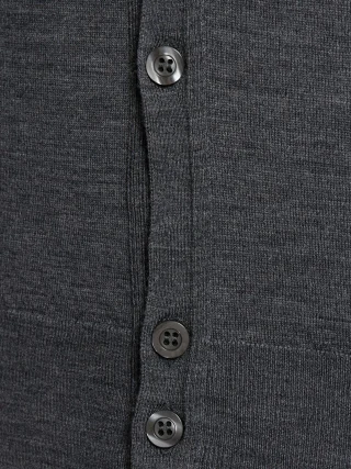 Charcoal fine-knit cardigan front with small grey buttons down the band.