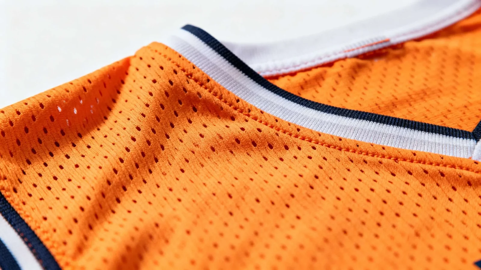 Close-up of orange basketball jersey mesh with a navy and white bound neckline.