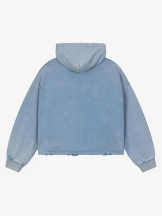 A cropped, washed light-blue hoodie with a raw hem.