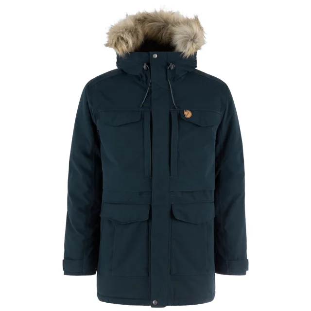 A dark navy parka with a faux-fur trimmed hood, covered zip and large front pockets.