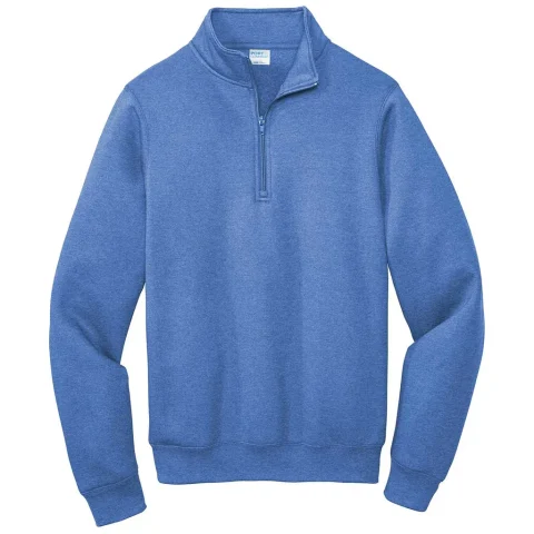 A dusty blue quarter-zip sweatshirt with a short zip and a raised collar.