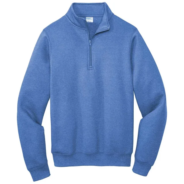 Dusty blue quarter-zip fleece sweatshirt with a short upper-front zipper and raised collar.