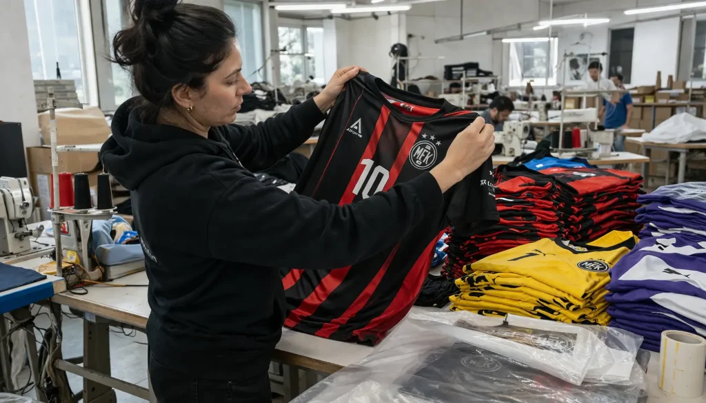 Finished numbered sports jersey being inspected in a garment factory.