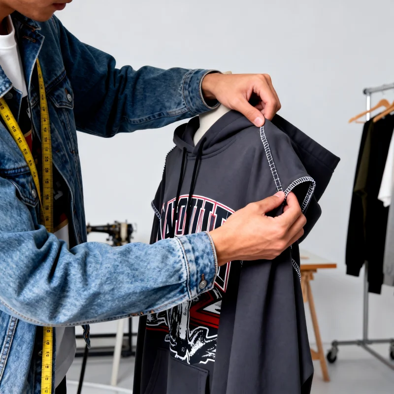 A worker checking the hood seam of a dark graphic hoodie on a dress form.
