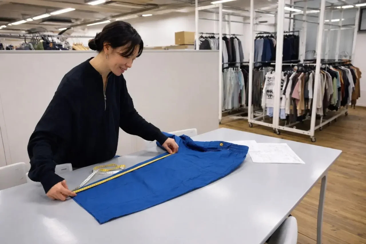 A woman measuring a blue garment laid flat on a white table, with clothing rails behind her.