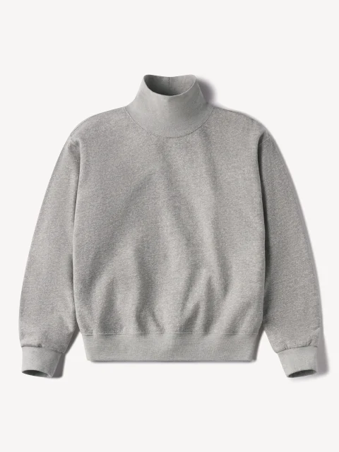 A heather gray mock-neck sweatshirt with a raised ribbed collar.