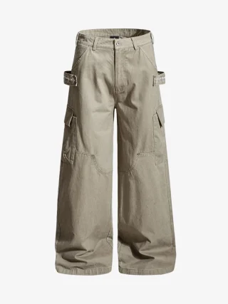 Khaki wide-leg cargo pants with thigh pockets and tabs at the hips.