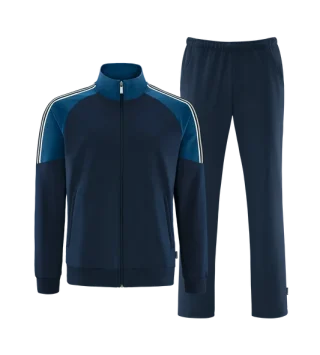 A navy full-zip tracksuit jacket and matching pants.