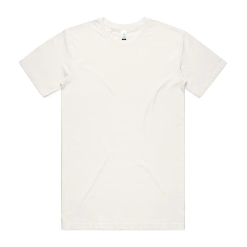 A plain natural-colored crew-neck T-shirt laid flat.
