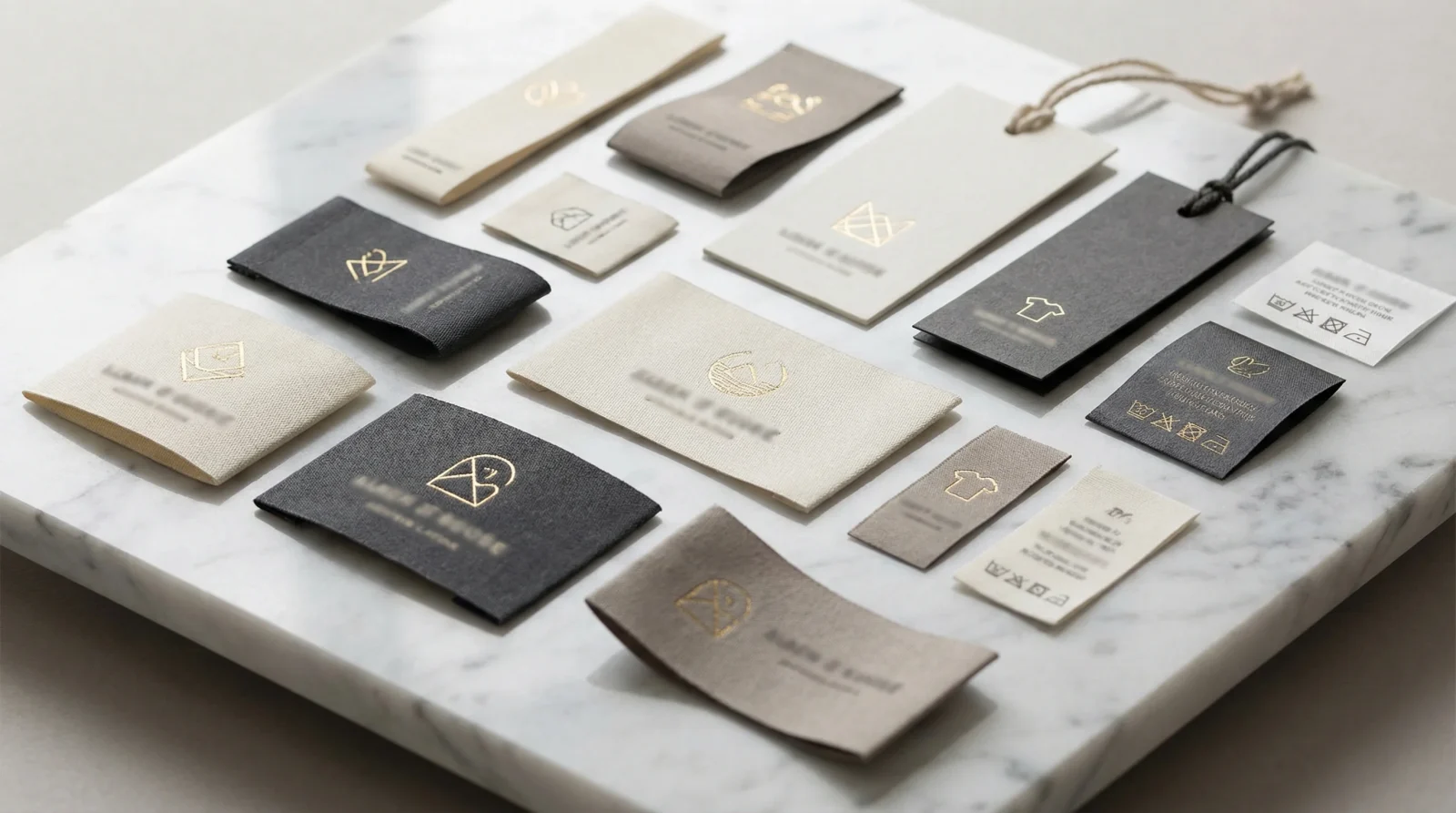 Woven labels, printed care labels and hang tags laid out on marble.