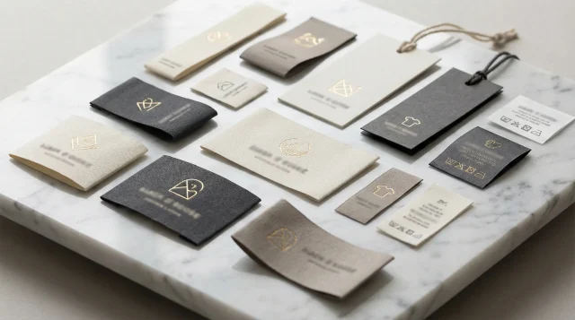 Woven labels, printed care labels and hang tags with a plain brand mark laid out on marble.