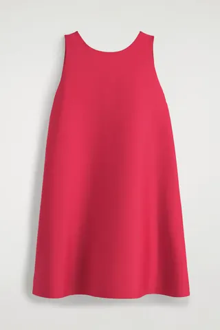 A red sleeveless A-line mini dress with a round neckline and a flared hem.