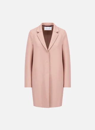 A rose felted wool cocoon coat with narrow lapels, slim sleeves and a curved body.