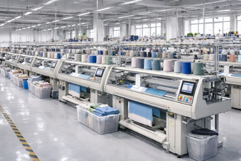 Rows of computerized flat knitting machines with yarn cones above them in a sweater workshop.