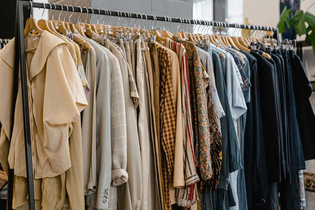 Shirts, knitwear and trousers on wooden hangers along a clothing rail.