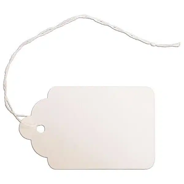 A blank white hang tag on a string, before printing.