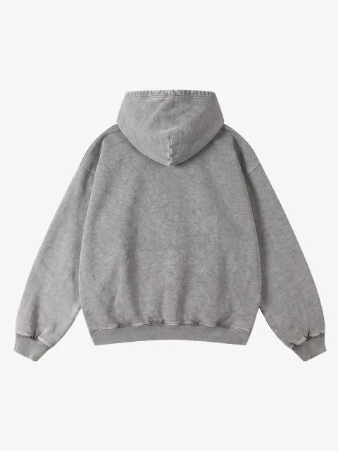 The back of a washed gray hoodie with dropped shoulders and uneven fading.