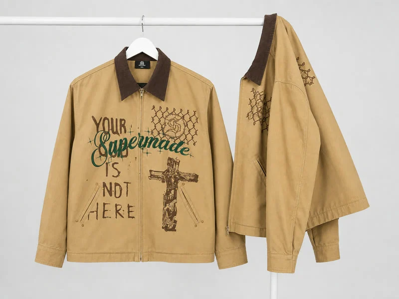 A sand canvas work jacket on a white rail beside a second one. It has a brown corduroy collar and a brown and green front print.